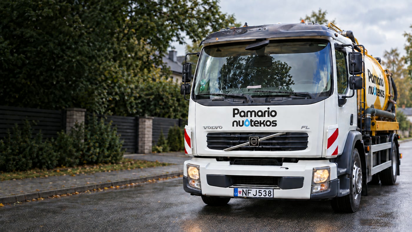Pamario nuotekos automobilis su tikruoju logotipu ir valstybiniu numeriu NFJ538